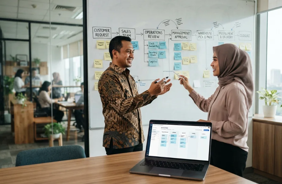 Tim mendiskusikan alur sistem di depan whiteboard
